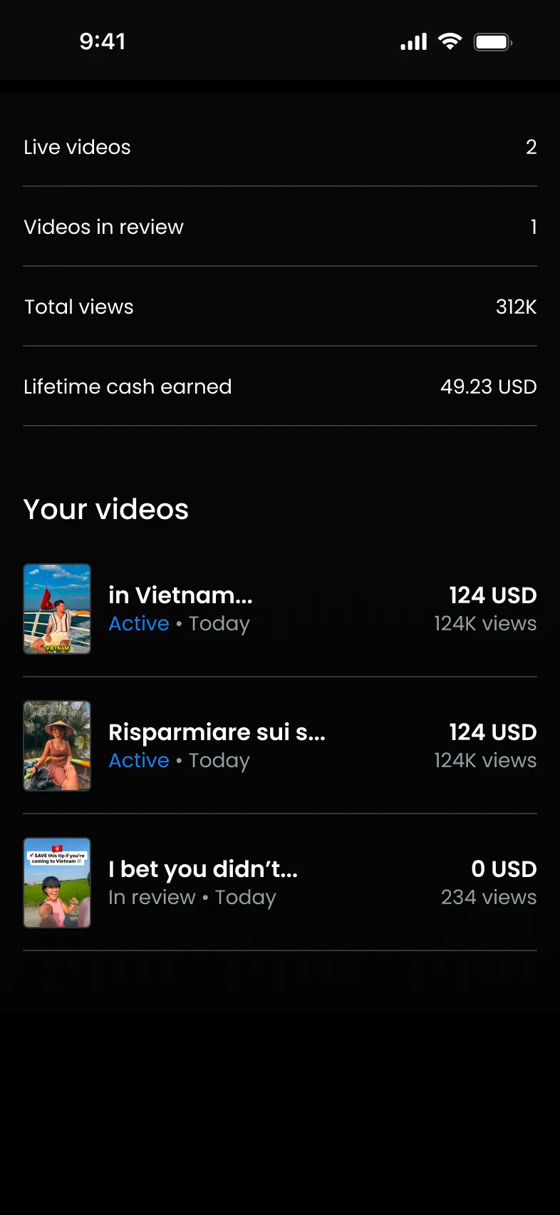 As contagens da app de vídeos ativos, vídeos em análise, total de visualizações e dinheiro ganho até hoje, por cima da lista com um vídeo marcado como Em análise