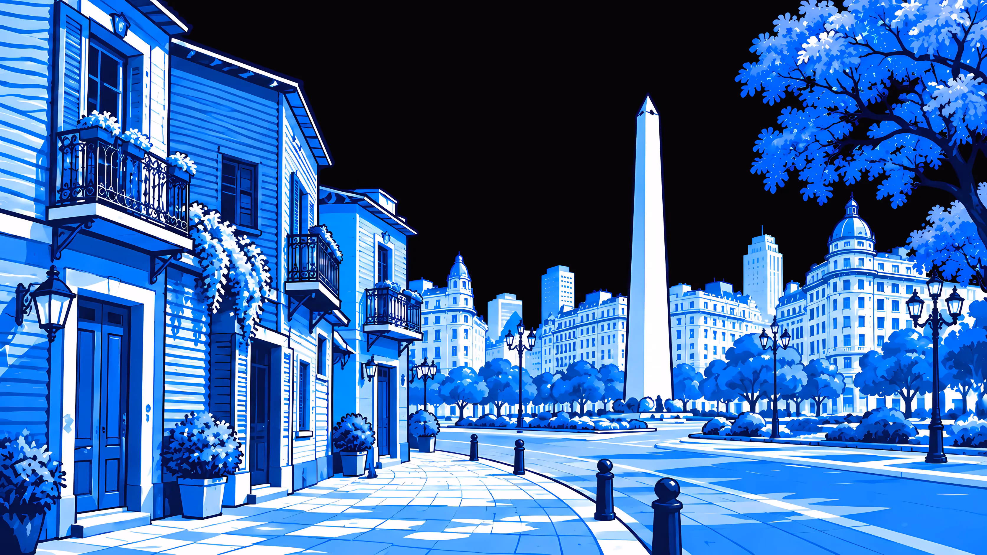 Buenos Aires en dibujo lineal azul: casas con balcones en una avenida arbolada que lleva al Obelisco