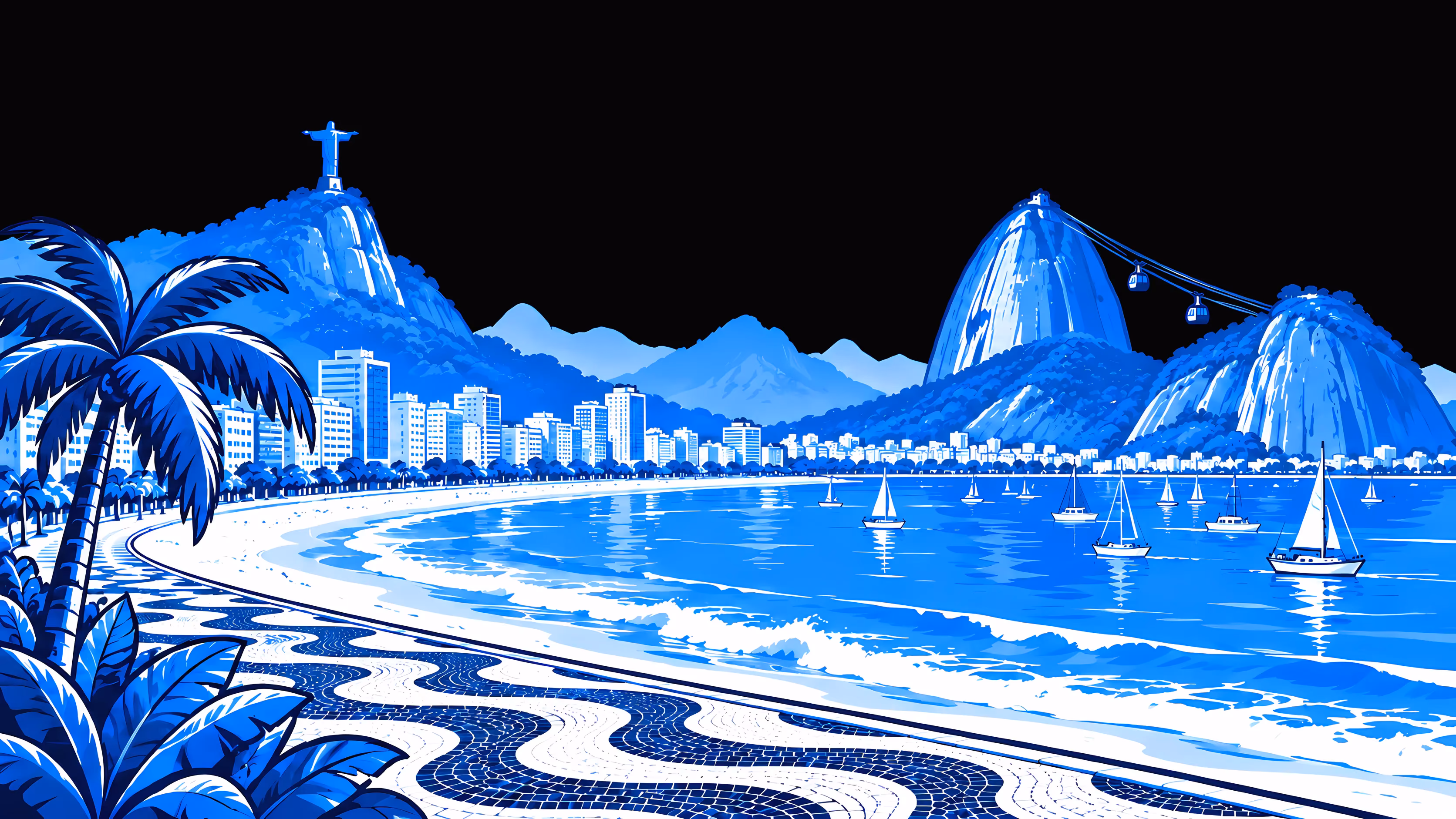 Rio de Janeiro als blaue Linienzeichnung: die Wellenmuster-Promenade der Copacabana, der Zuckerhut und die Christus-Statue.