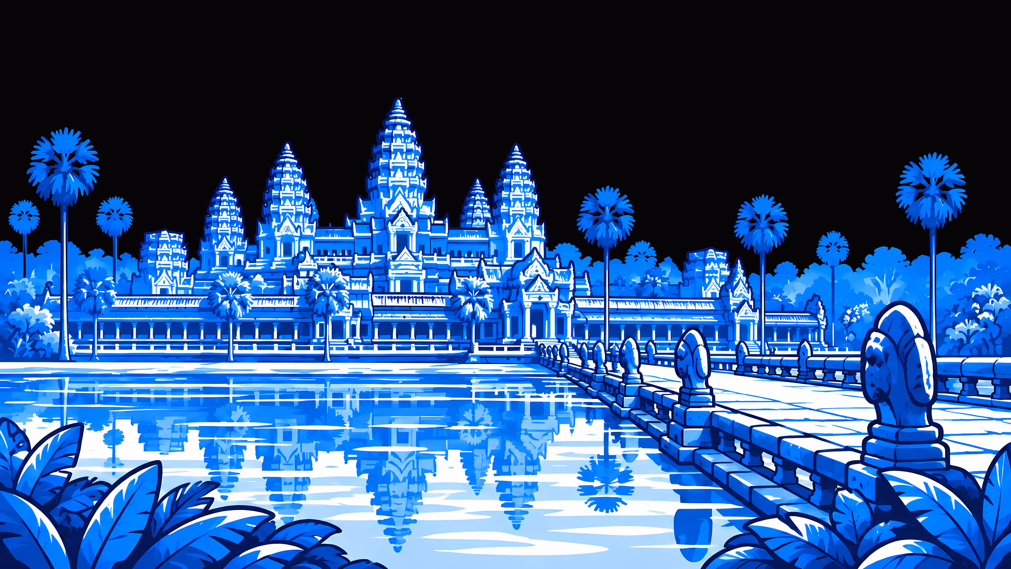 Angkor Wat in grafica lineare blu, con le torri riflesse nel fossato, palme e un guardiano di pietra.
