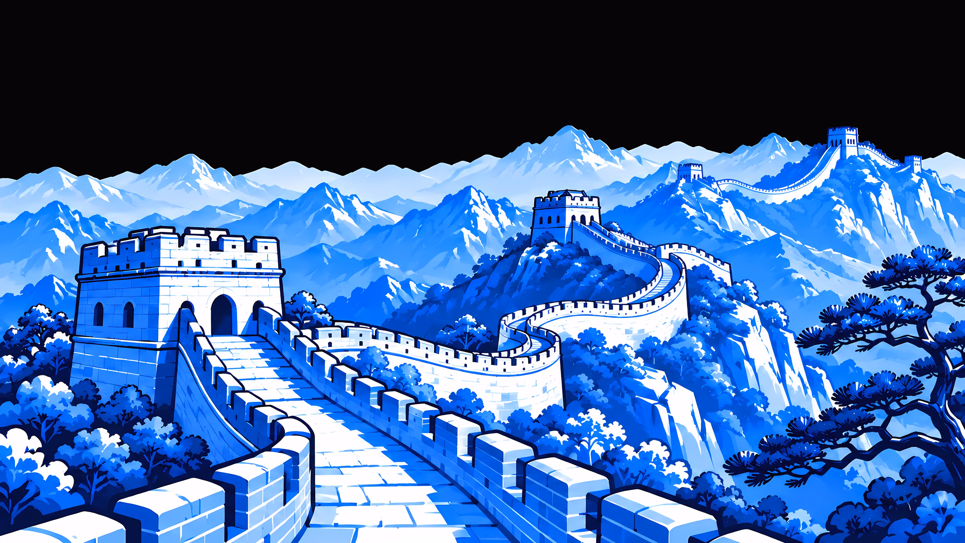 La Grande Muraglia cinese in grafica lineare blu, che serpeggia sui crinali delle montagne.