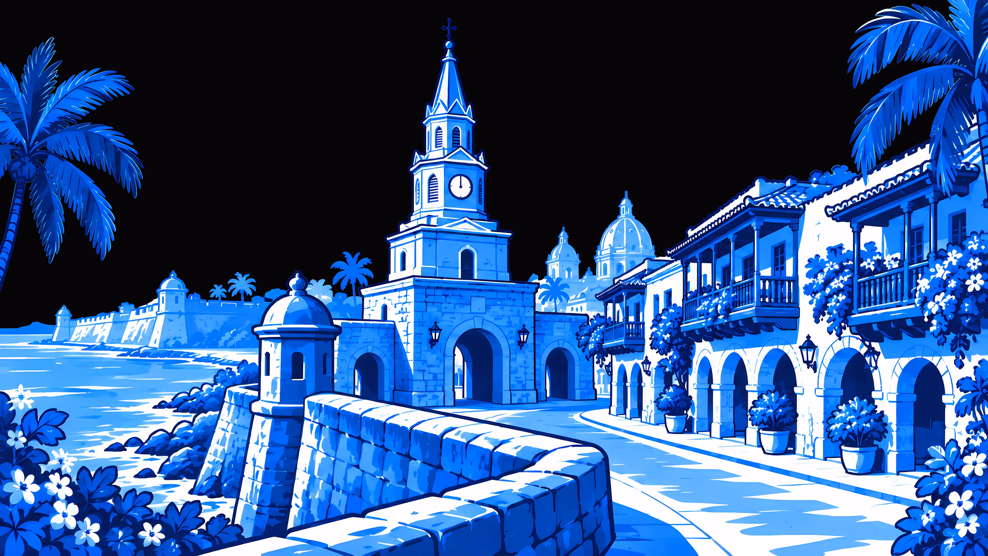 Cartagena als blaue Linienzeichnung: das Tor mit dem Uhrturm, die alte Stadtmauer und Kolonialhäuser mit Balkonen