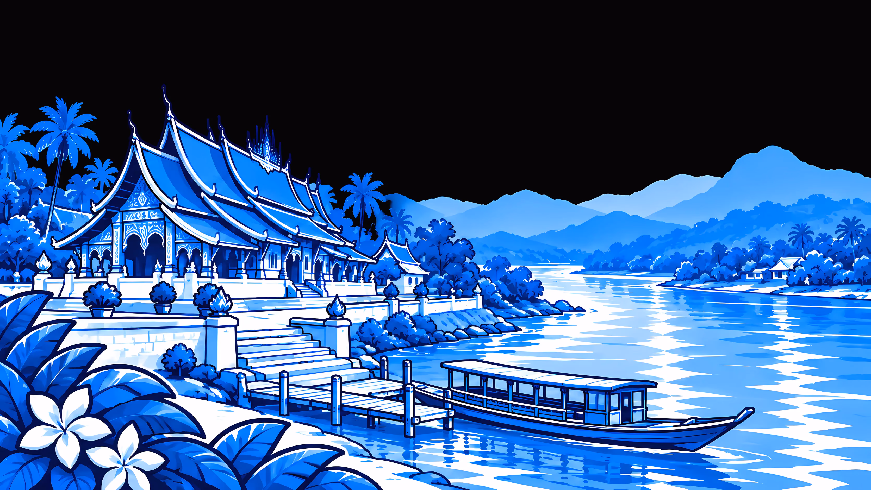 Luang Prabang als blaue Linienzeichnung: ein Tempel mit geschwungenen Dächern über dem Mekong und ein Langheckboot.
