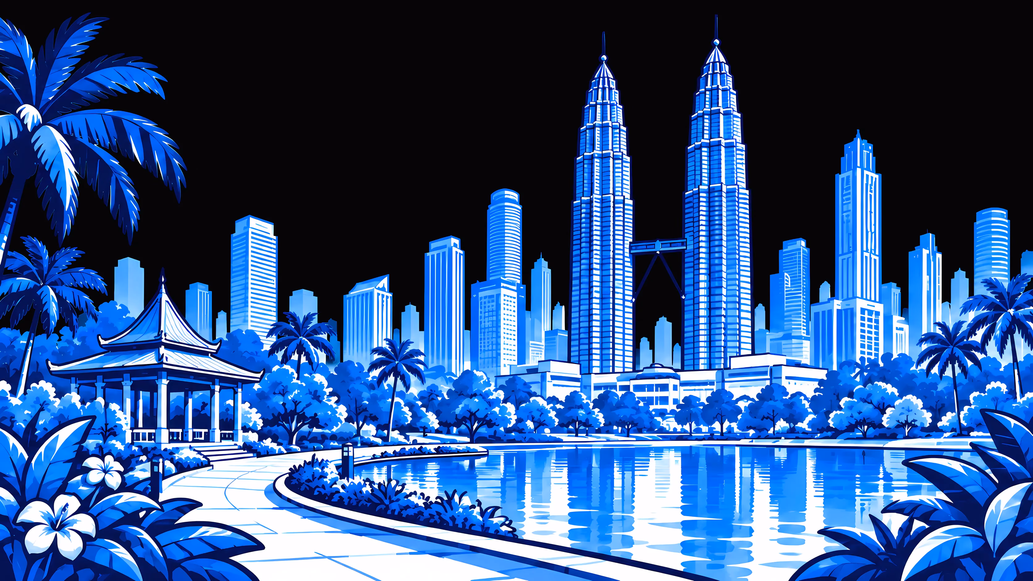 Kuala Lumpur als blaue Linienzeichnung: die Petronas Towers über einem See und ein palmengesäumter Park.