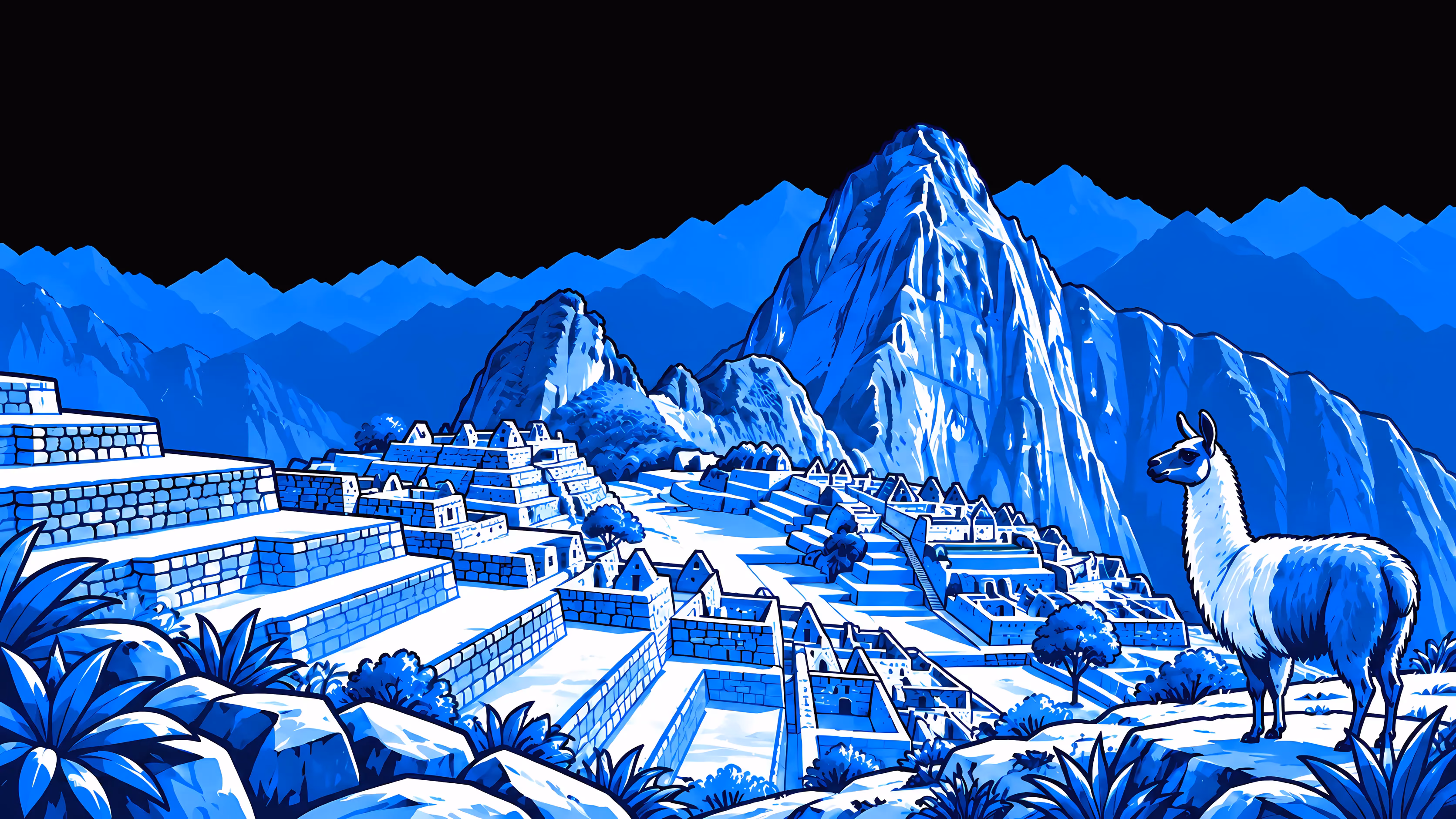 Machu Picchu als blaue Linienzeichnung: Steinterrassen unter dem Huayna Picchu, mit einem Lama