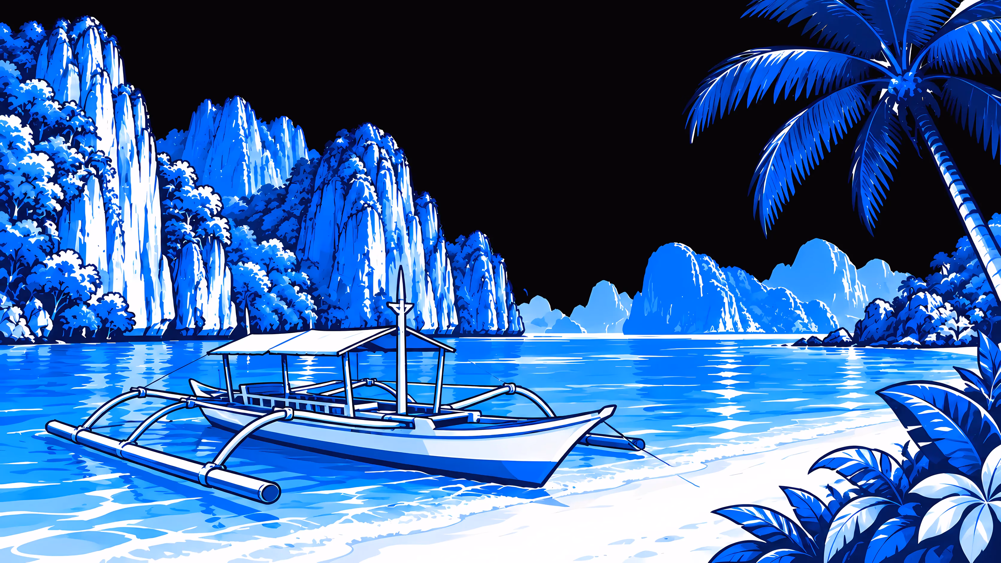 Die Philippinen als blaue Linienzeichnung: ein Bangka-Auslegerboot in einer Lagune unter Kalksteinfelsen und einer Palme.