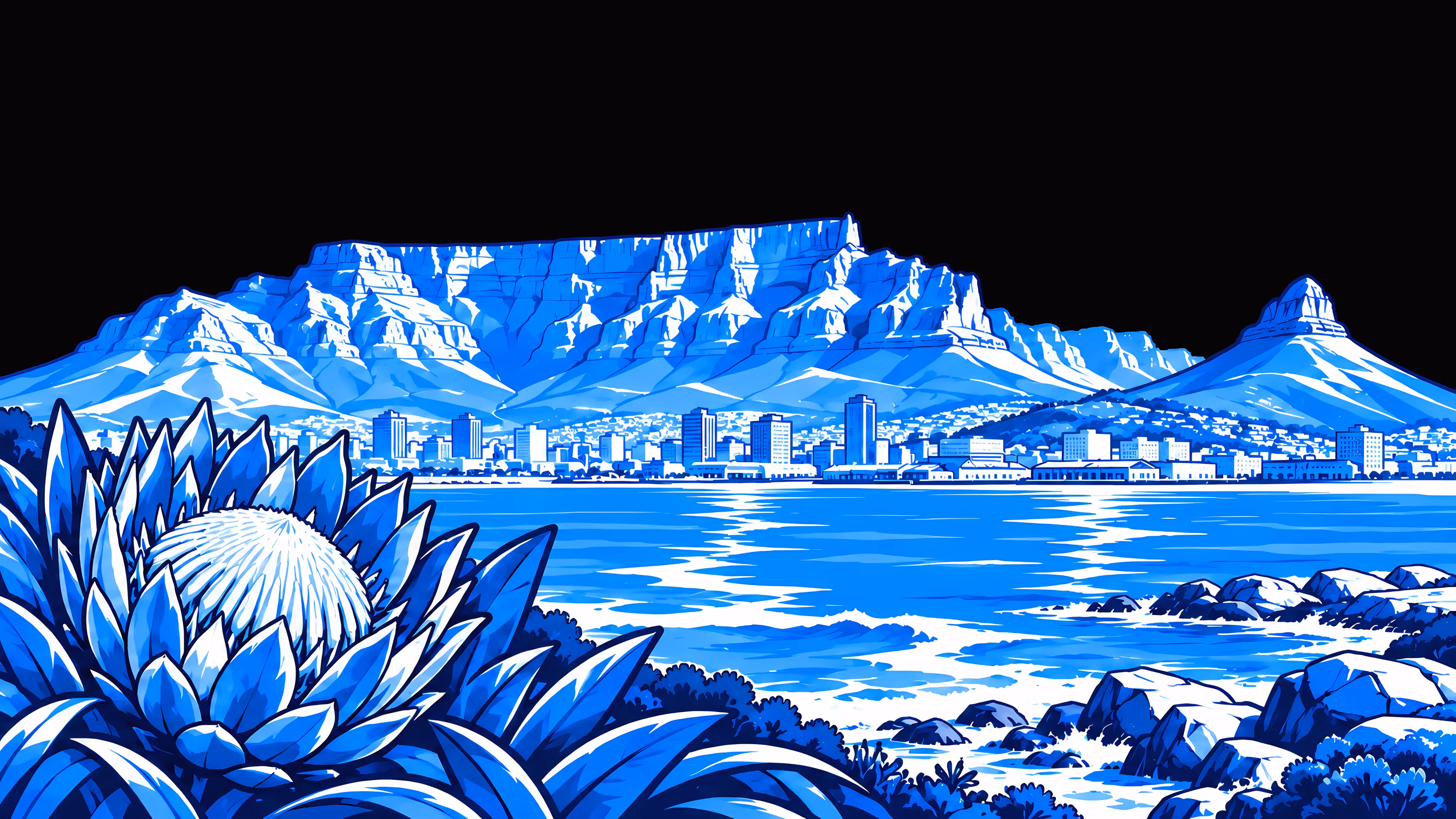 Cape Town in blue line art: Table Mountain above the city and bay, with a king protea in front