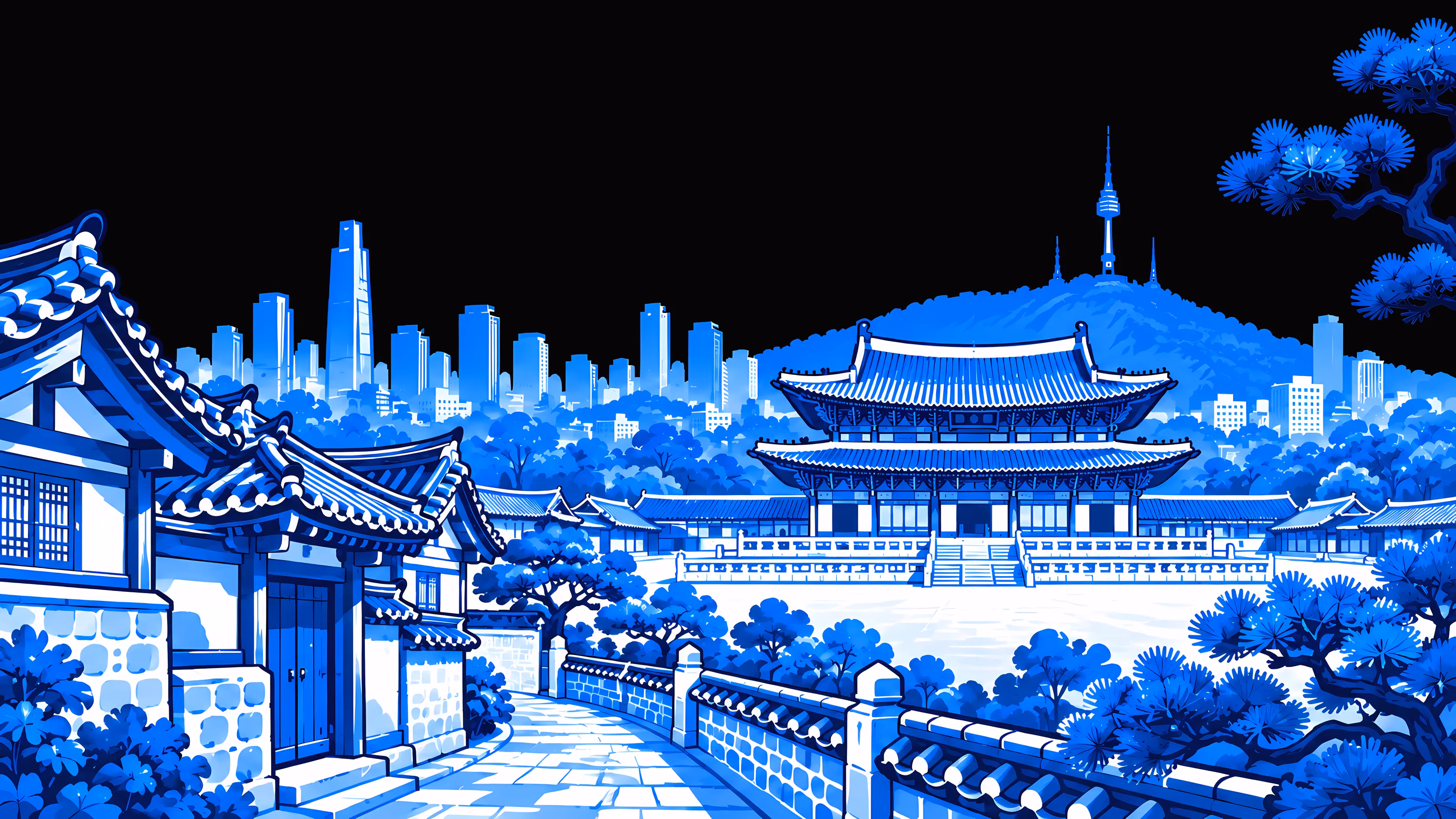 Seoul als blaue Linienzeichnung: ein Hanok-Haus, der Gyeongbokgung-Palast und der N Seoul Tower über der Stadt.