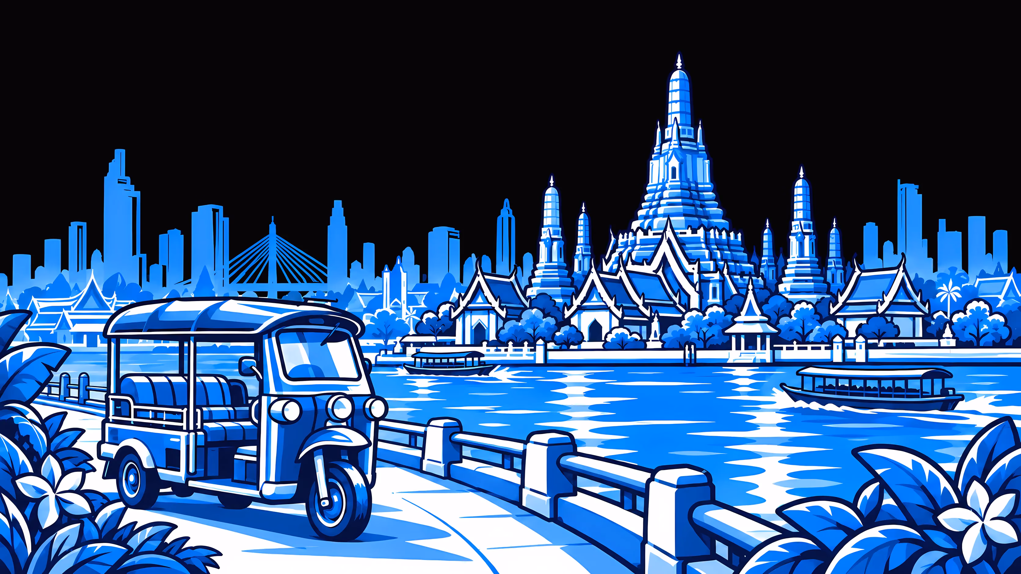 Bangkok als blaue Strichzeichnung: ein Tuk-Tuk am Flussufer, Longtailboote auf dem Chao Phraya, Wat Arun und die Skyline der Stadt
