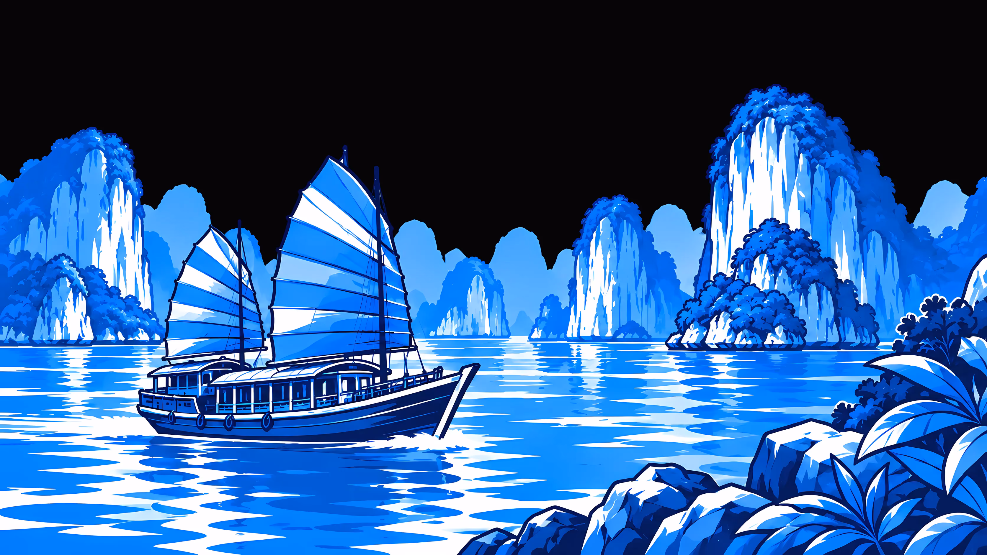 Halong-Bucht als blaue Strichzeichnung: eine Dschunke, die zwischen Kalksteinfelsen segelt