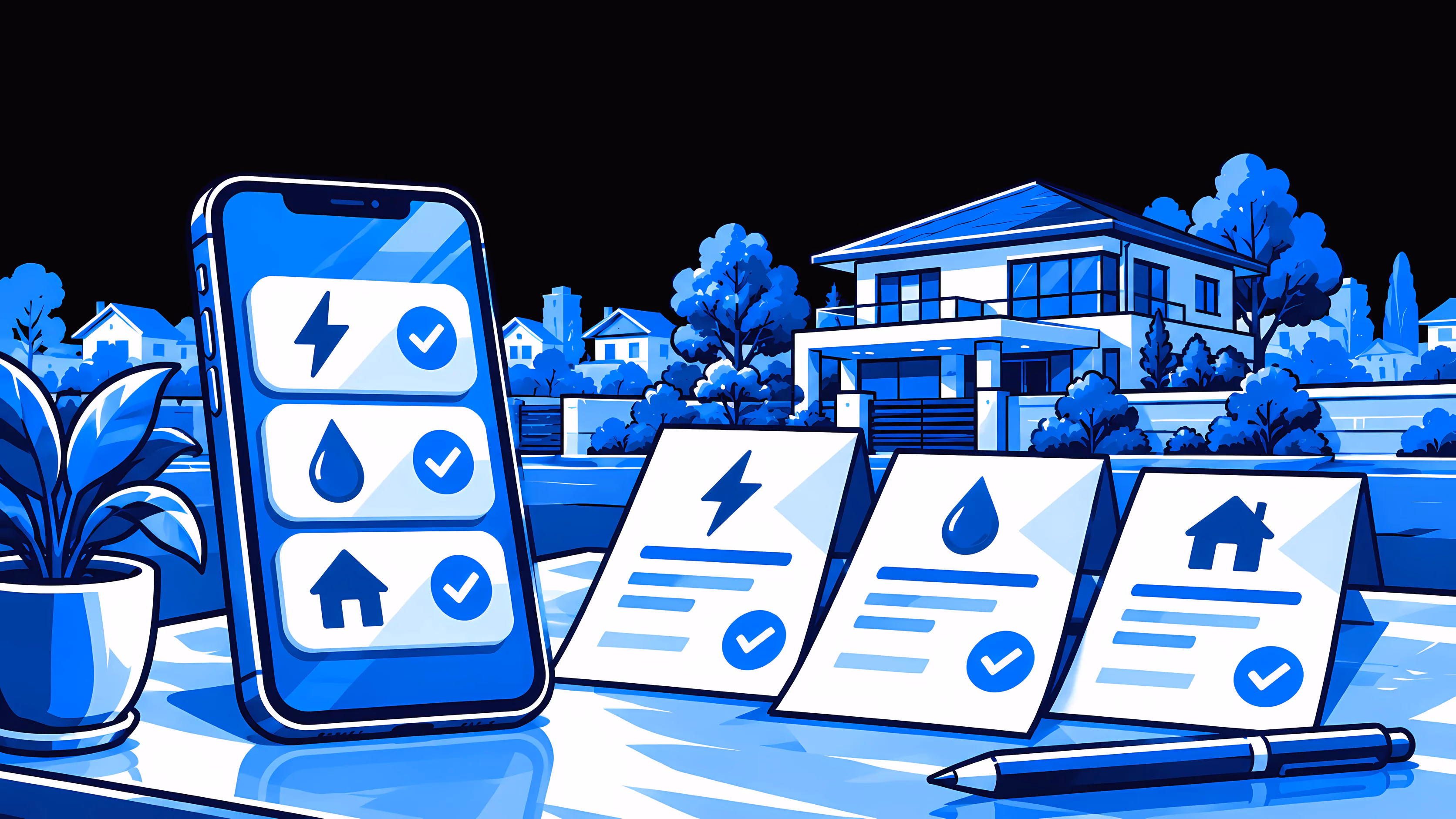 Rechnungszahlungen als blaue Strichzeichnung: ein Handy listet Strom, Wasser und Miete als bezahlt, daneben drei abgehakte Rechnungen und dahinter ein Haus