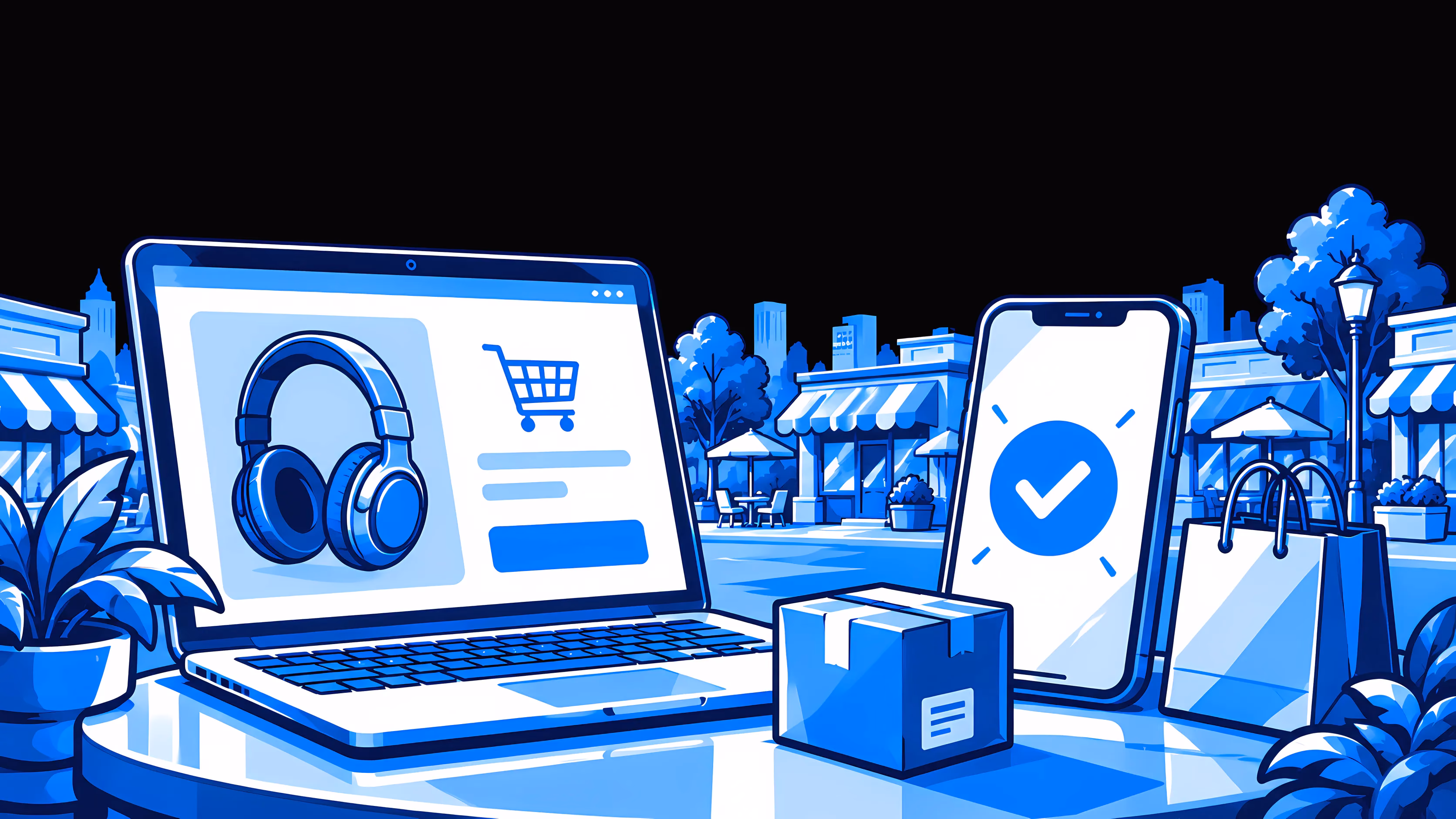 Online-Shopping als blaue Strichzeichnung: ein Laptop-Checkout mit Kopfhörern im Warenkorb, ein Paket, Einkaufstüten und ein Handy mit Häkchen