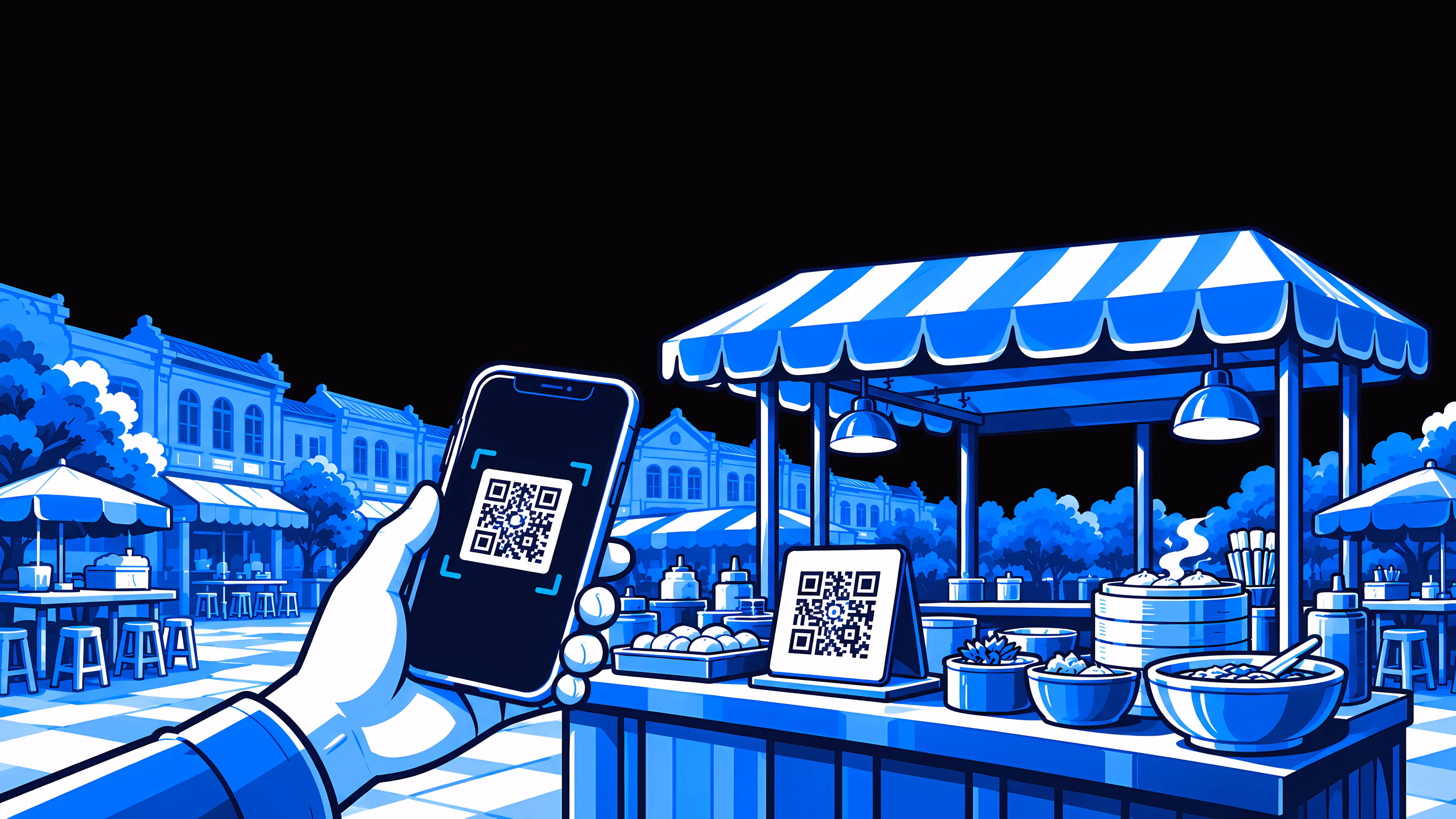 Ein Street-Food-Stand in blauer Strichzeichnung: Eine Hand hält ein Handy und scannt den QR-Code, der unter einer gestreiften Markise auf der Theke steht.
