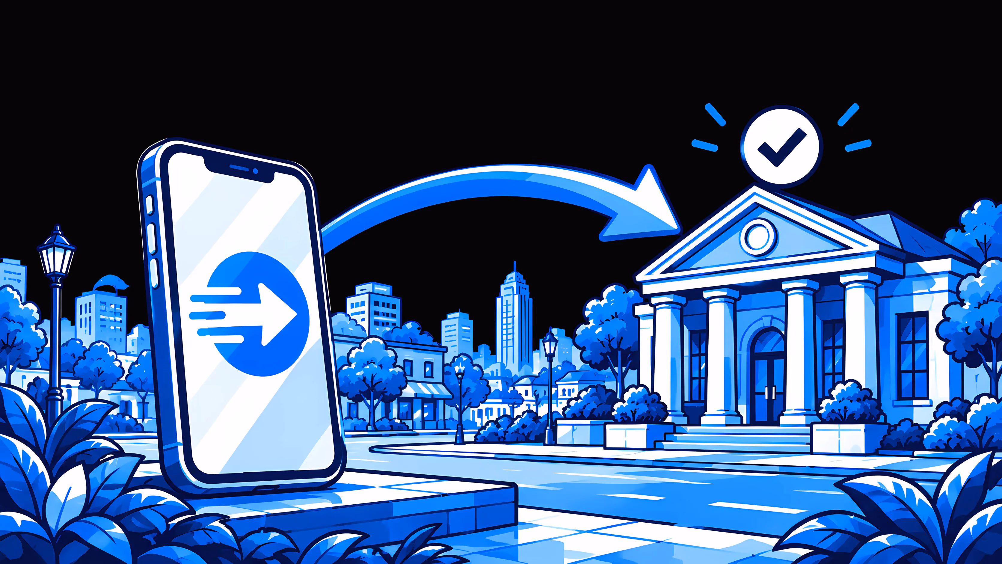 Geld senden in blauer Strichzeichnung: Ein Pfeil führt im Bogen von einem Handy mit Sende-Symbol über einen Stadtplatz zu einer Bank, darüber ein Häkchen.